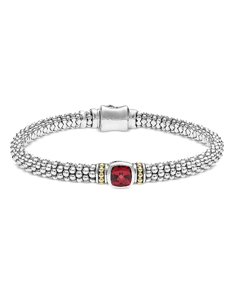 Lagos Sterling Silver & 18K Yellow Gold Caviar Color Rhodolite Garnet Solitaire Link Bracelet