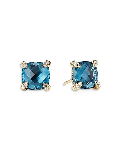 David Yurman 18K Yellow Gold Chatelaine Blue Topaz & Diamond Stud Earrings