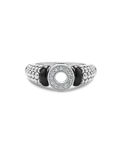 Sterling Silver Black Caviar Ceramic & Diamond Circle Bead Ring