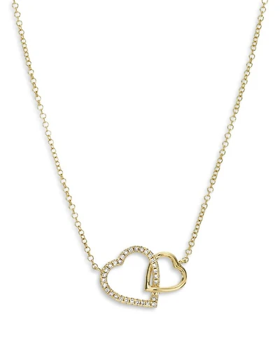 14K Yellow Gold Diamond Double Heart Pendant Necklace, 16-18"