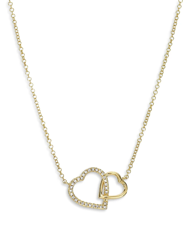 Zoe Lev 14K Yellow Gold Diamond Double Heart Pendant Necklace, 16-18