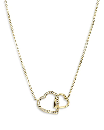 Zoe Lev 14K Yellow Gold Diamond Double Heart Pendant Necklace, 16-18