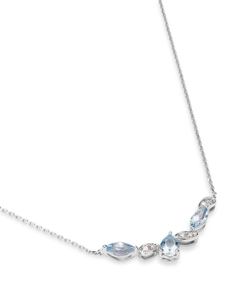 Aquamarine & Diamond Accent Curved Bar Necklace in 14K White Gold, 17"