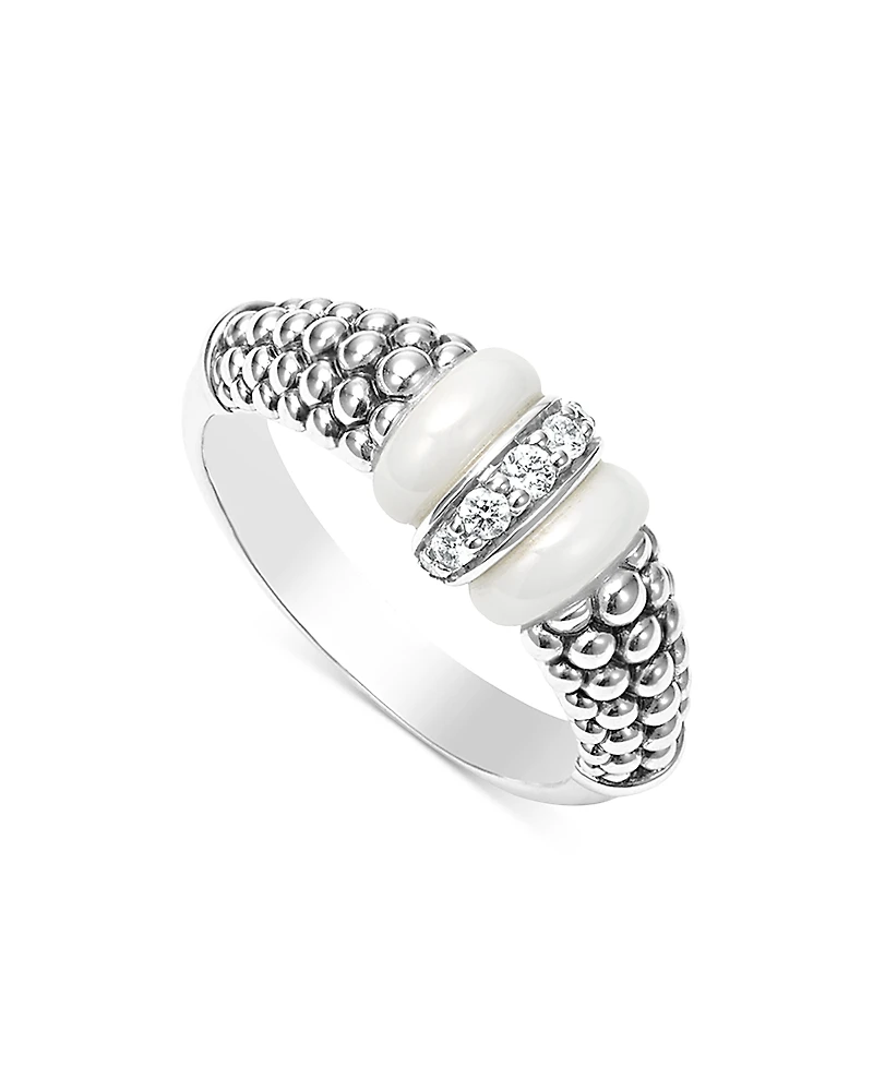 Lagos Ceramic & Sterling Silver White Caviar Diamond Stacking Ring