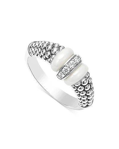 Lagos Ceramic & Sterling Silver White Caviar Diamond Stacking Ring