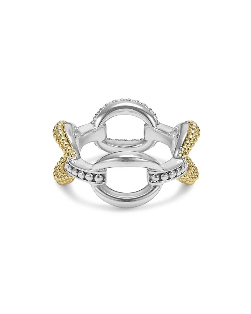 18K Yellow Gold & Sterling Silver Caviar Lux Diamond Oval Link Eternity Band Ring