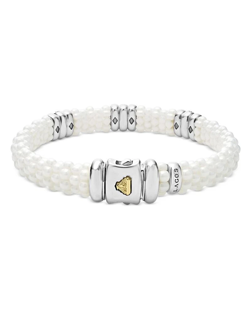 Sterling Silver & Ceramic White Caviar Diamond Three Station Bracelet