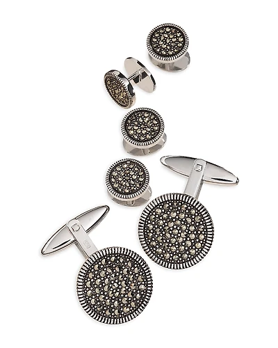 Jan Leslie Round Sterling Silver & Marcasite Stud & Cufflink Set