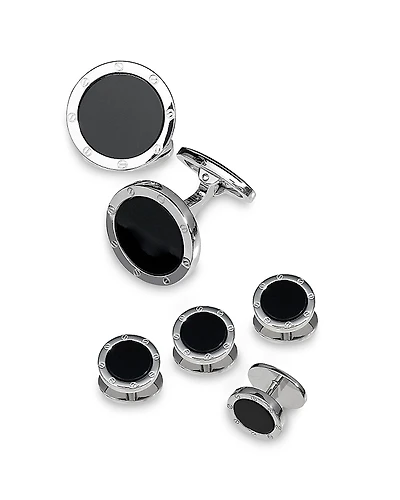 Jan Leslie Round Rivet Etched Sterling Silver & Onyx Stud & Cufflink Set
