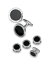 Jan Leslie Round Rivet Etched Sterling Silver & Onyx Stud & Cufflink Set