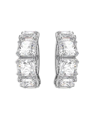 Matrix Square Crystal Clip On Hoop Earrings in Rhodium Plated