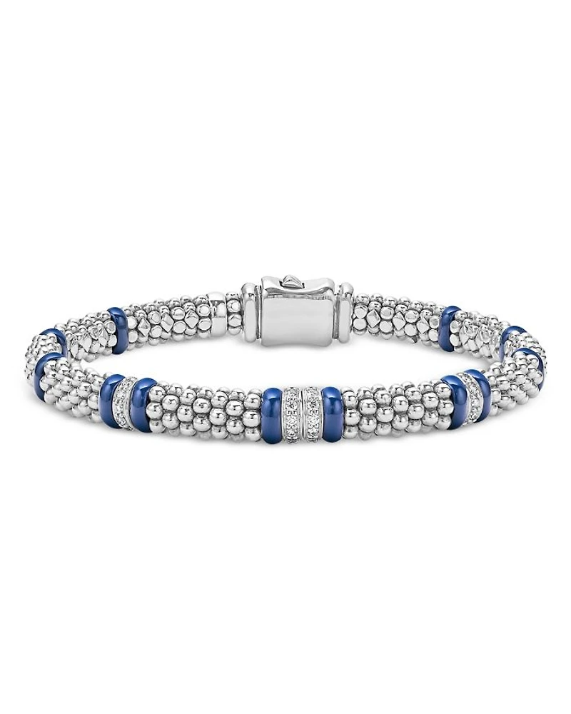 Four Station Diamond Blue Caviar Bracelet Sterling Silver