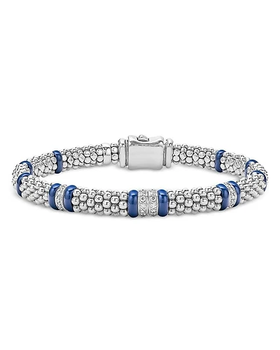 Four Station Diamond Blue Caviar Bracelet Sterling Silver