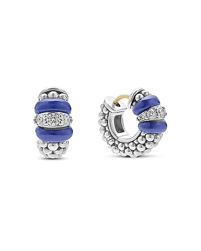 Lagos Blue Caviar Ceramic and Diamond Huggie Earrings