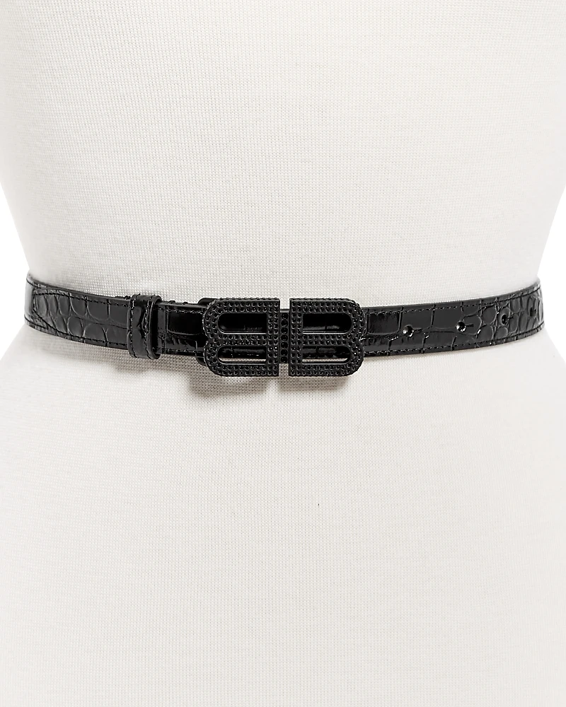 Balenciaga Bb Hourglass Thin Belt Crocodile Embossed with Rhinestones
