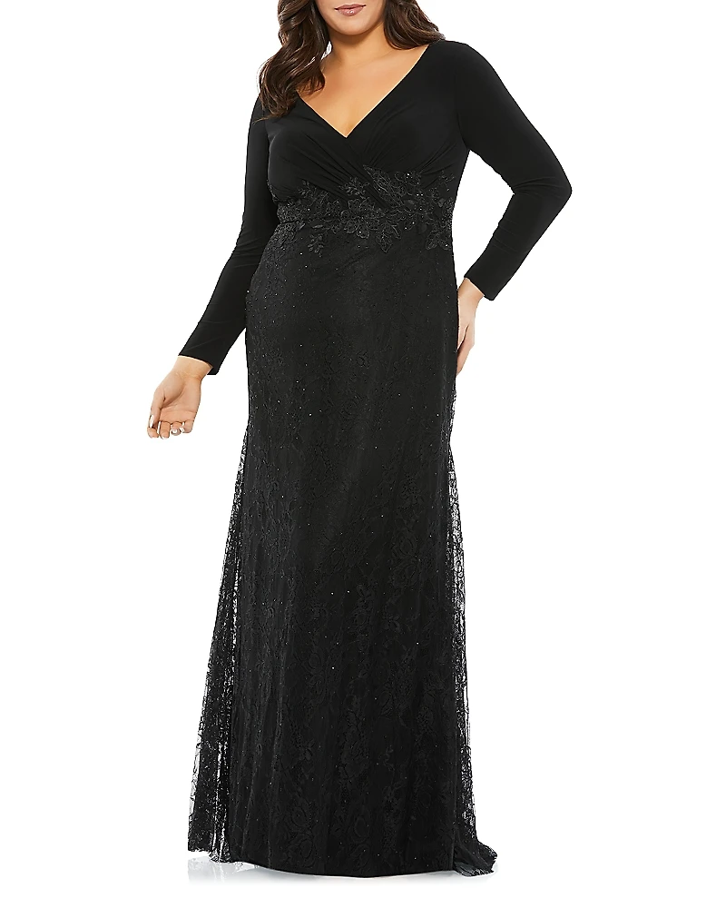 Mac Duggal Plus Wrap-Over Long Sleeve Lace Applique Trumpet Gown
