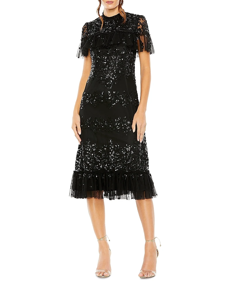 Mac Duggal Sequined High Neck Midi Dress