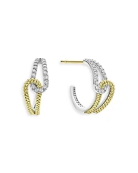 18K Yellow Gold & Sterling Silver Caviar Lux-Clip Diamond Loop Huggie Hoop Earrings - Exclusive
