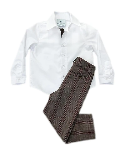 Petite Maison Kids Unisex Blair White Cotton Button Down Shirt with Estate Tweed Trim and Pants