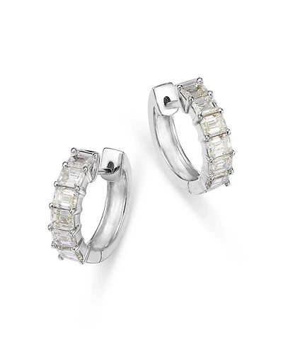 Diamond Emerald Cut Diamond Huggie Earrings in 18K White Gold, 1.0 tcw