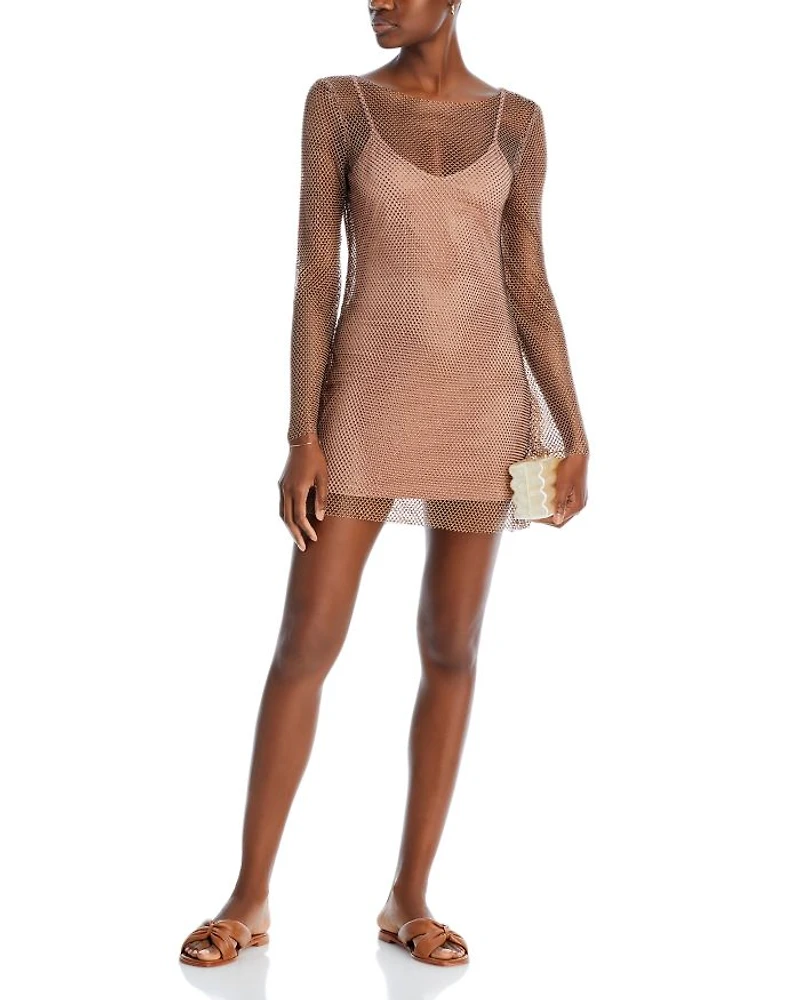 Dancing Queen Crystal Embellished Mesh Mini Dress Swim Cover-Up