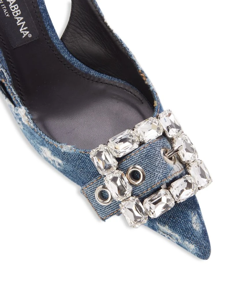 Women's Distressed Denim Kitten Heel Slingback Pumps