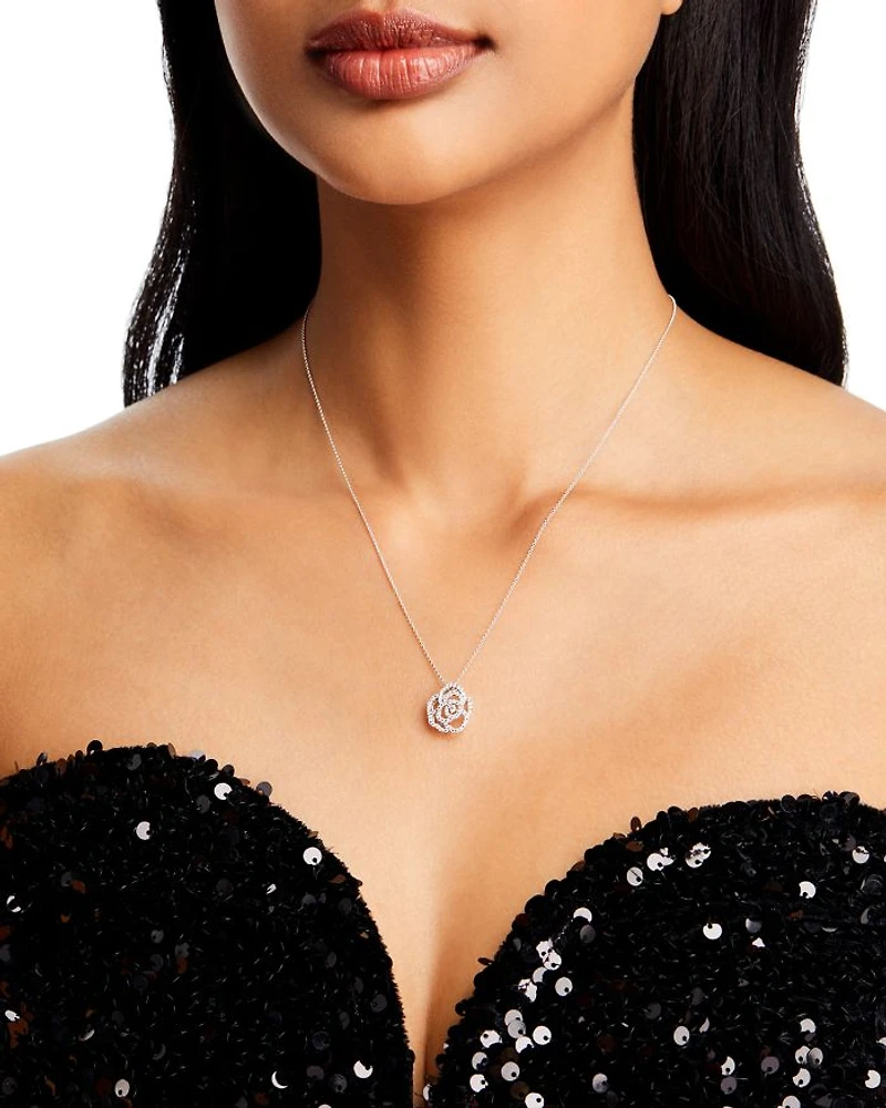 Diamond Rose Flower Openwork Pendant Necklace in 14K White Gold, 0.30 tcw