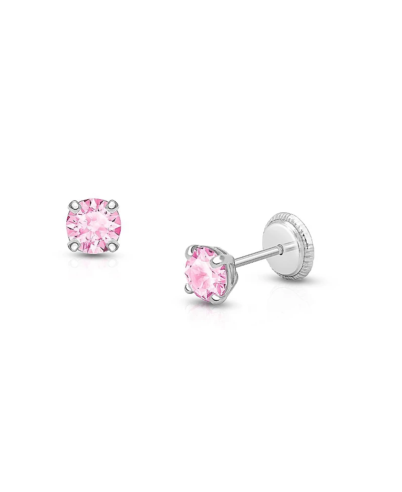 Tiny Blessings Girls' 14K Gold 4mm Pink Round Cut Studs Screw Back Earrings - Baby, Little Kid, Big Kid