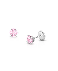 Tiny Blessings Girls' 14K Gold 4mm Pink Round Cut Studs Screw Back Earrings - Baby, Little Kid, Big Kid