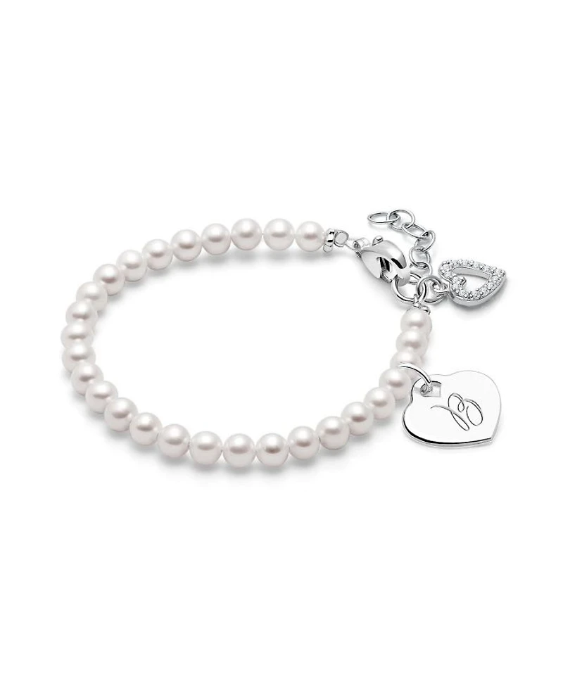 Girls Sterling Silver 4mm Cultured Pearls & Engraved Initial 6.25" Bracelet - Children