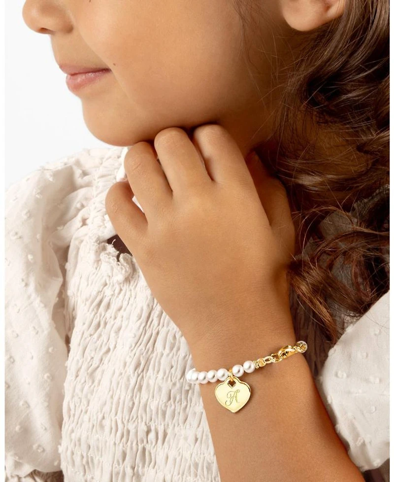 Girls 14K Gold 4mm Cultured Pearls & Engraved Initial 6.25" Bracelet - Children