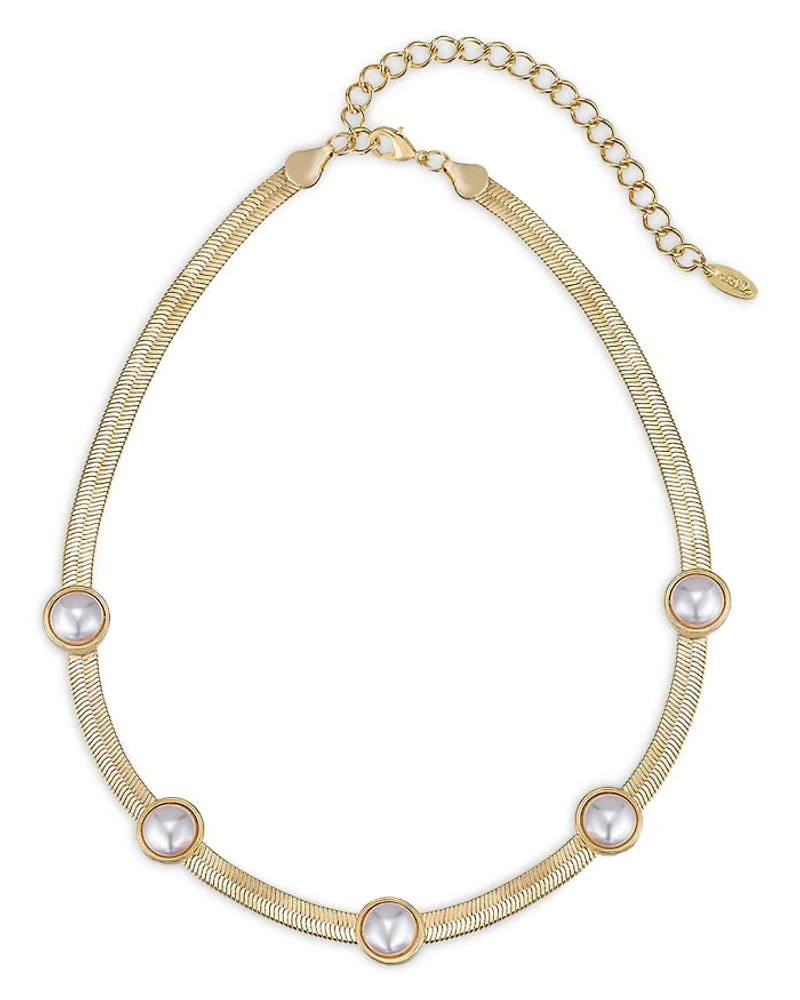 Imitation Pearl Dotted Snake Chain Necklace in 18K Gold Plated, 16"