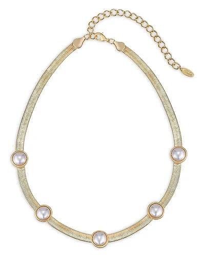 Imitation Pearl Dotted Snake Chain Necklace in 18K Gold Plated, 16"