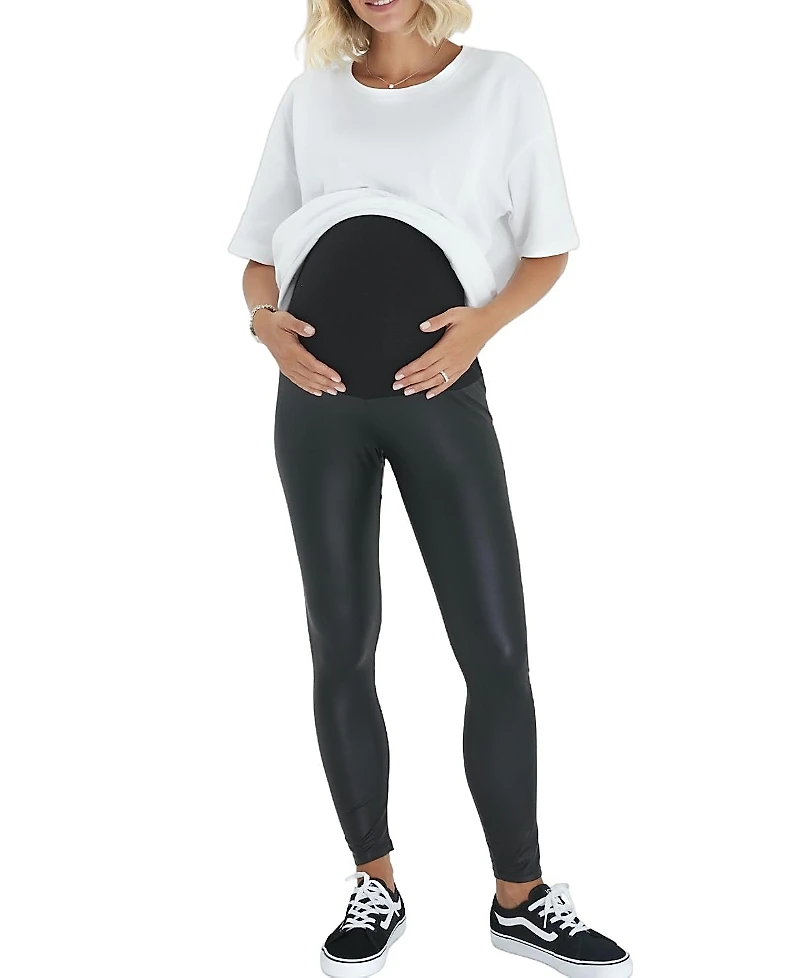 Accouchee Subtle Foldover Waistband Faux Leather Maternity Leggings