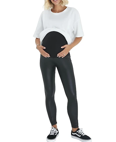 Accouchee Subtle Foldover Waistband Faux Leather Maternity Leggings