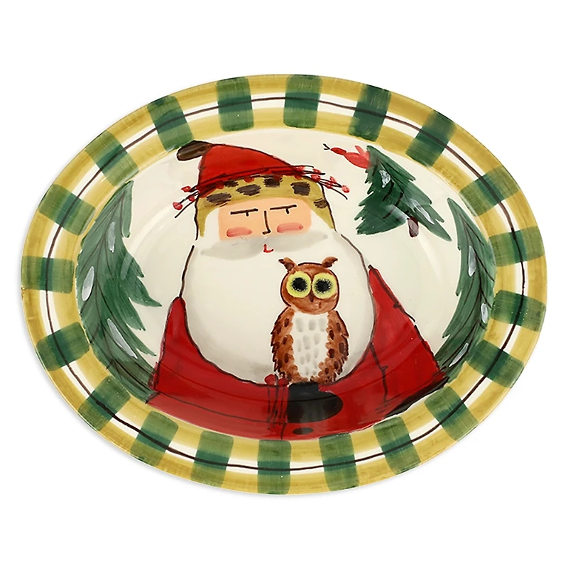 Vietri Old St. Nick Small Rimmed Oval Bowl with Owl