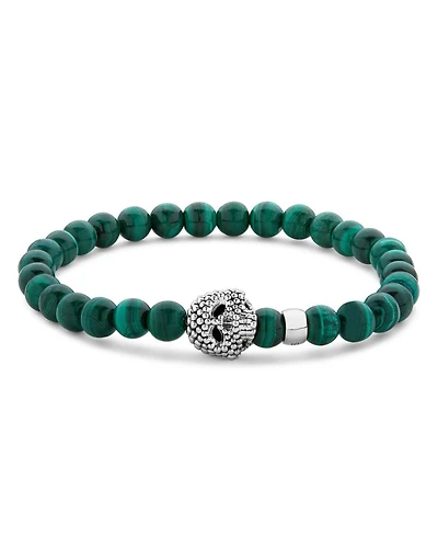 Men's Sterling Silver Anthem Malachite Bead Skull Stretch Bracelet - Exclusive