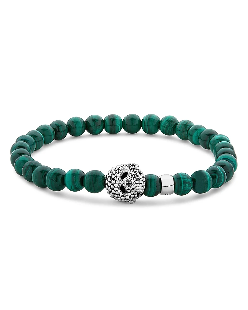 Lagos Men's Sterling Silver Anthem Malachite Bead Skull Stretch Bracelet