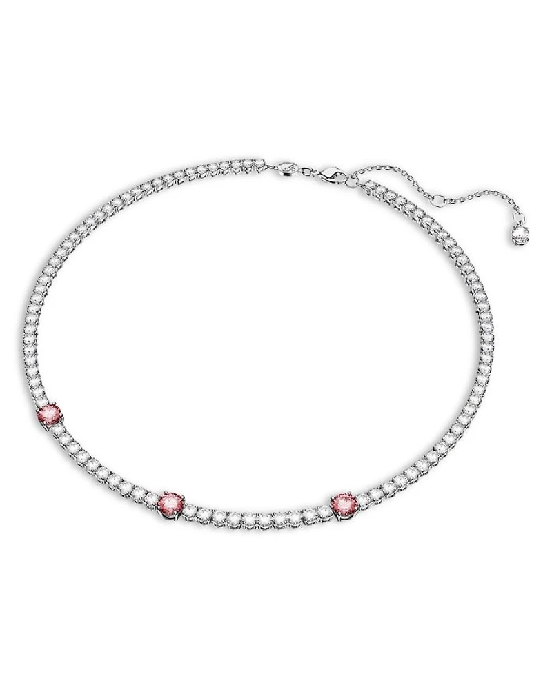 Matrix Clear & Pink Crystal Tennis Necklace in Rhodium Plated, 14.96"-17.72"
