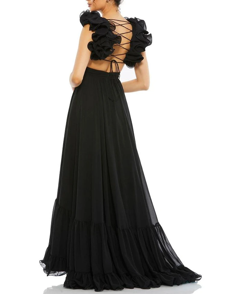 Ruffle Tiered Cut-Out Chiffon Gown