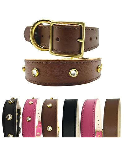 Bonne et Filou Crystal-Studded Plain Leather Dog Collar