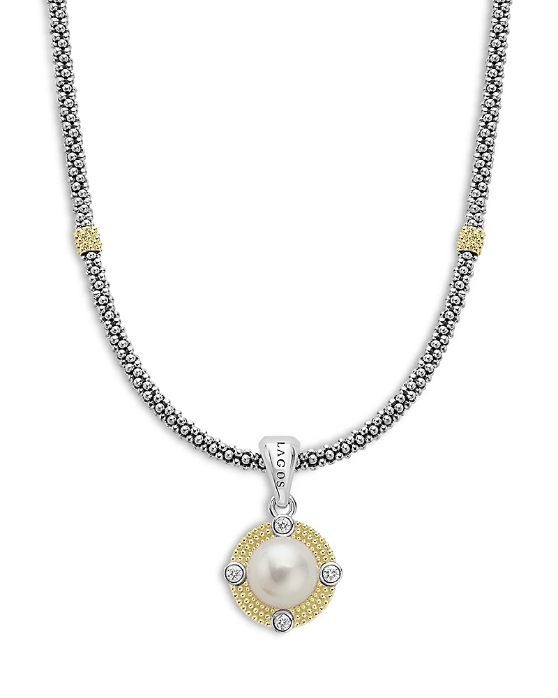 Lagos 18K Yellow Gold & Sterling Silver Luna Cultured Freshwater Pearl & Diamond Pendant Necklace