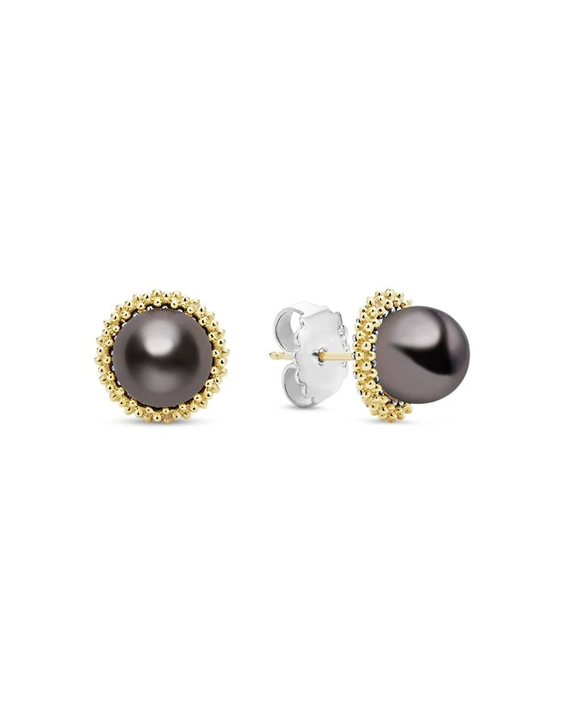 18K Yellow Gold & Sterling Silver Luna Tahitian Black Pearl Stud Earrings
