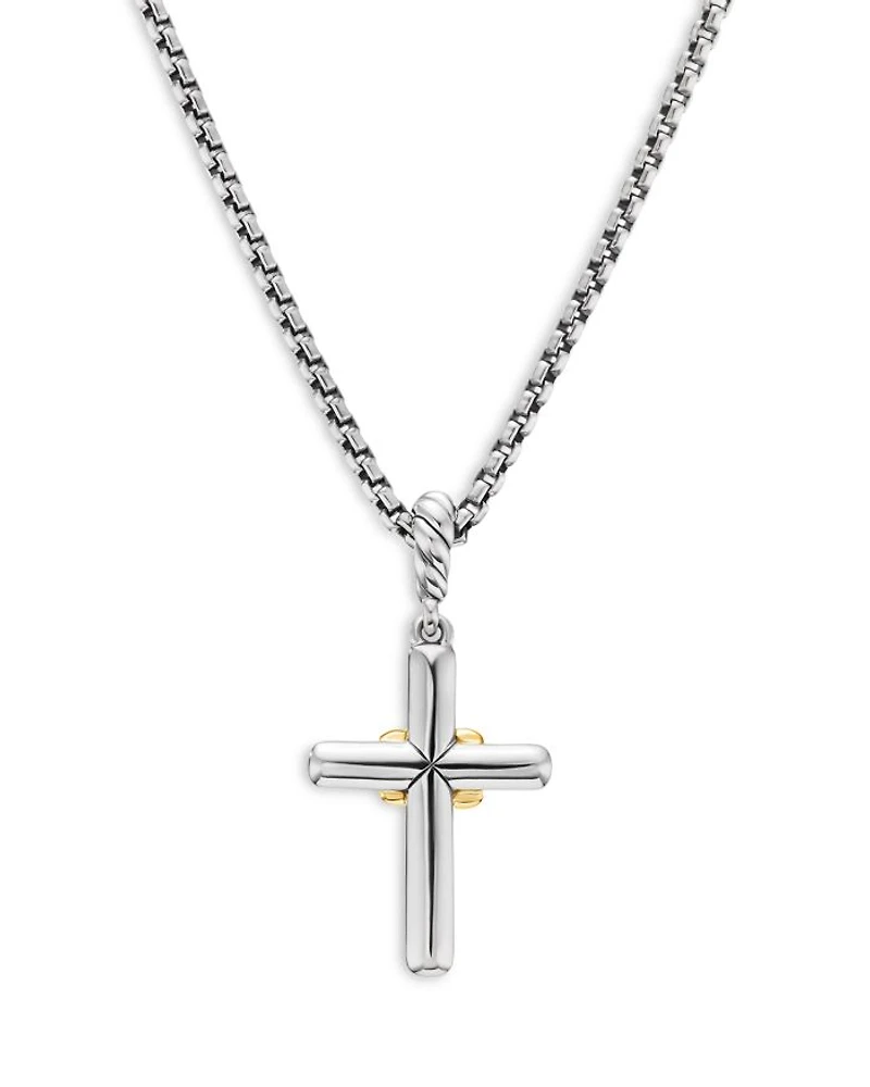 Petite Cross Necklace in Sterling Silver & 18K Yellow Gold with Diamonds, 17"