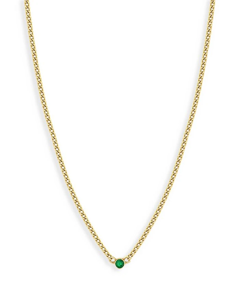 14K Yellow Gold Emerald Solitaire Chain Choker Necklace, 14-16"