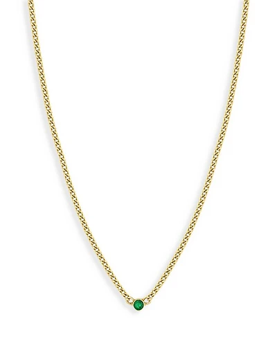 14K Yellow Gold Emerald Solitaire Chain Choker Necklace, 14-16"
