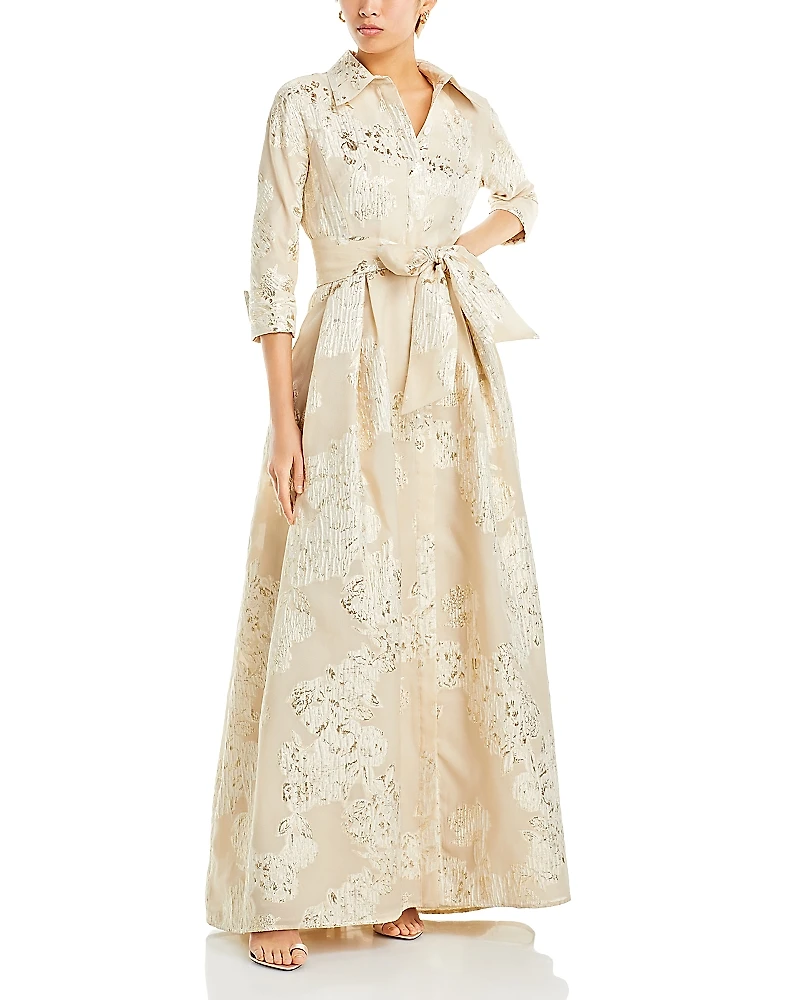 Teri Jon by Rickie Freeman Metallic Jacquard Shirt Dress Gown