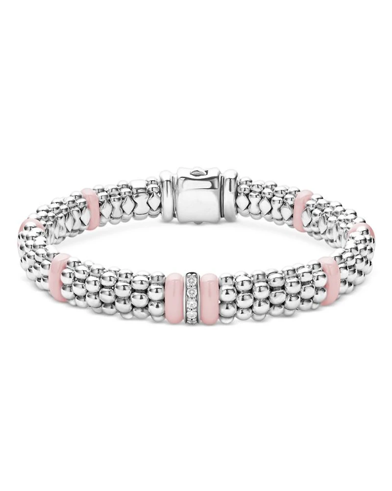 Sterling Silver Pink Caviar Diamond & Ceramic Bead Link Bracelet