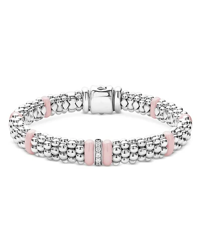 Sterling Silver Pink Caviar Diamond & Ceramic Bead Link Bracelet