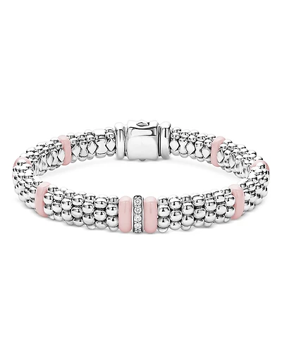 Lagos Sterling Silver Pink Caviar Diamond & Pink Ceramic Bead Link Bracelet